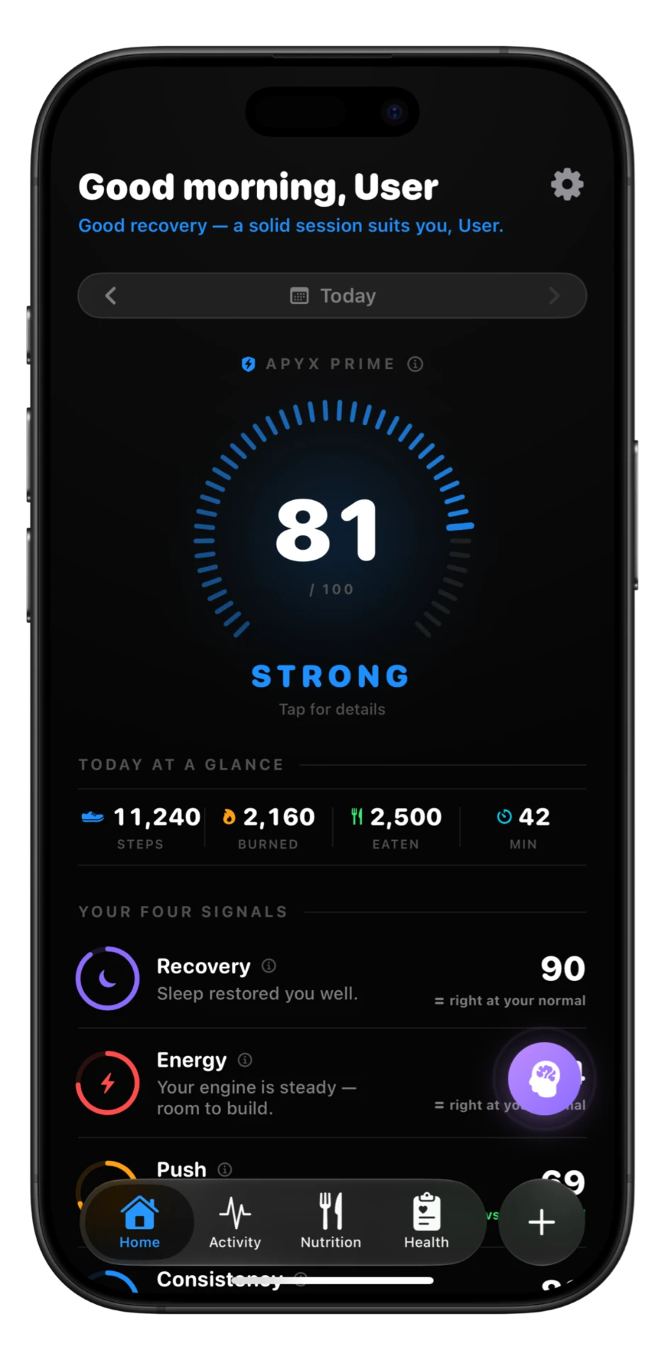 APYX Prime score of 81 with the daily readiness dial