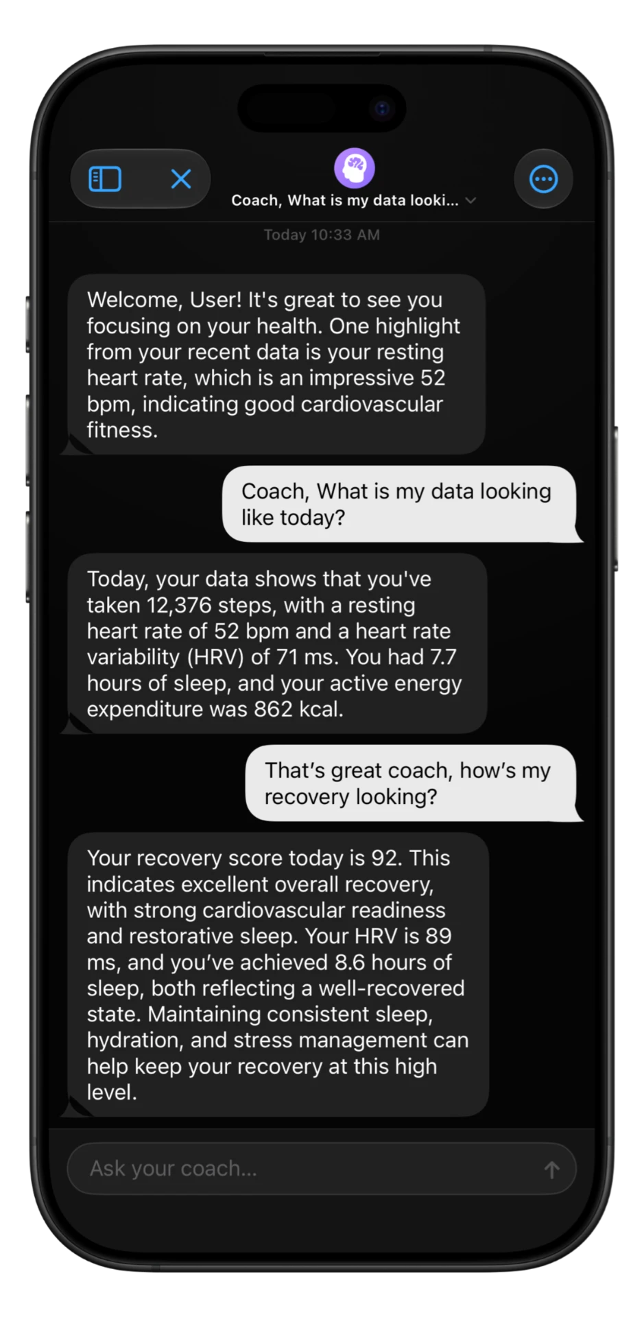 APYX AI Coach conversation about recovery and daily data